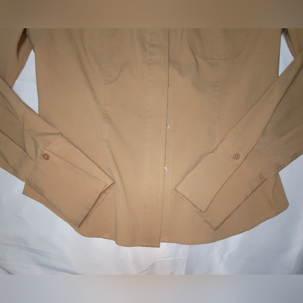 Express Stretch Button Down Dress Shirt Tan Women's Size 1/2 - Picture 5 of 12